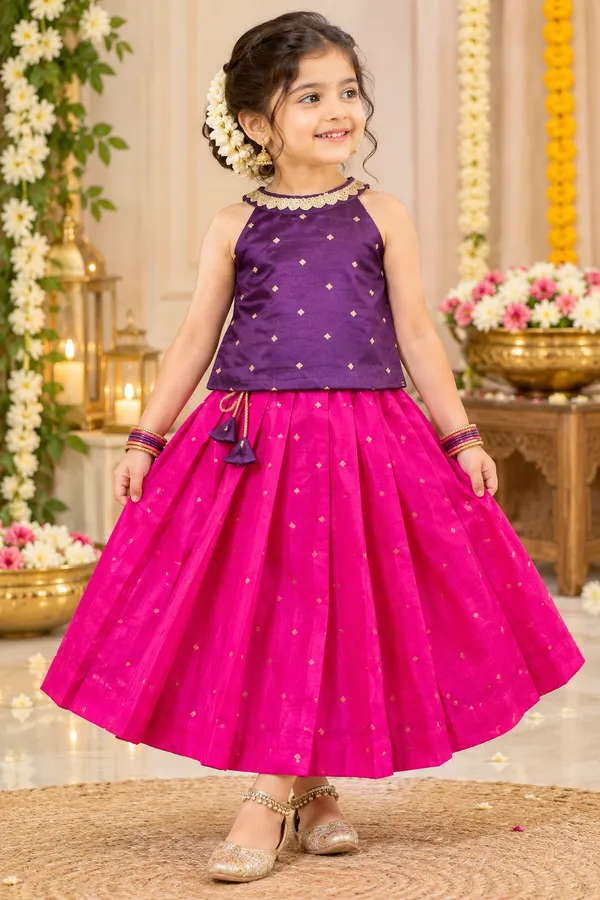 Hot_Pink_Violet_Silk_Ethnic_Lehenga_Set_For_Girls