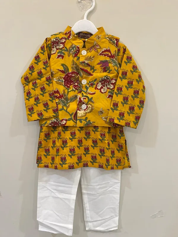 Mustard_Cambric_Cotton_Printed_Kurta_Waistcoat_Set_For_Boys