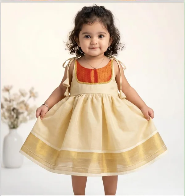 Cream_Red_Brocade_Cotton_Ethnic_Frock_For_Girls
