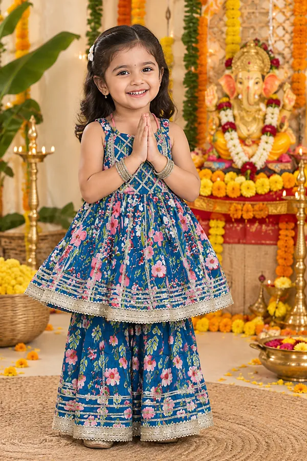 Blue_Cotton_Halterneck_Floral_Sharara_Set_For_Girls