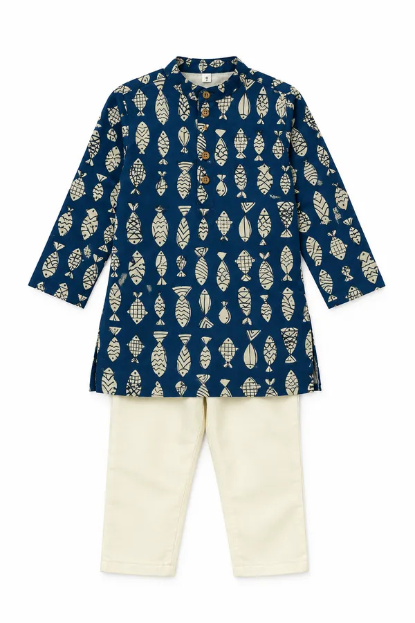 Blue_Fish_Motif_Kurta_Set_For_Boys