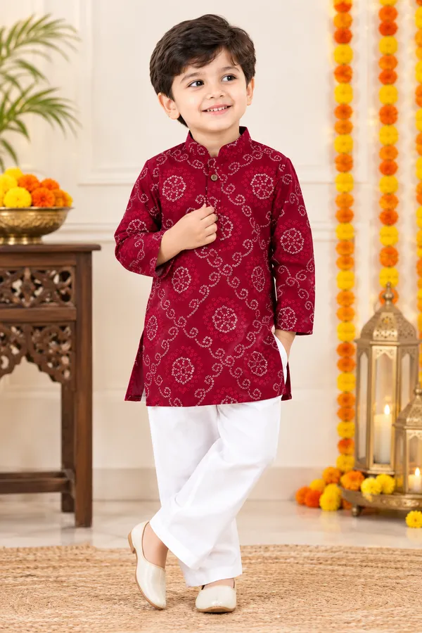 Maroon_Cambric_Cotton_Bandhni_Printed_Kurta_Set_For_Boys