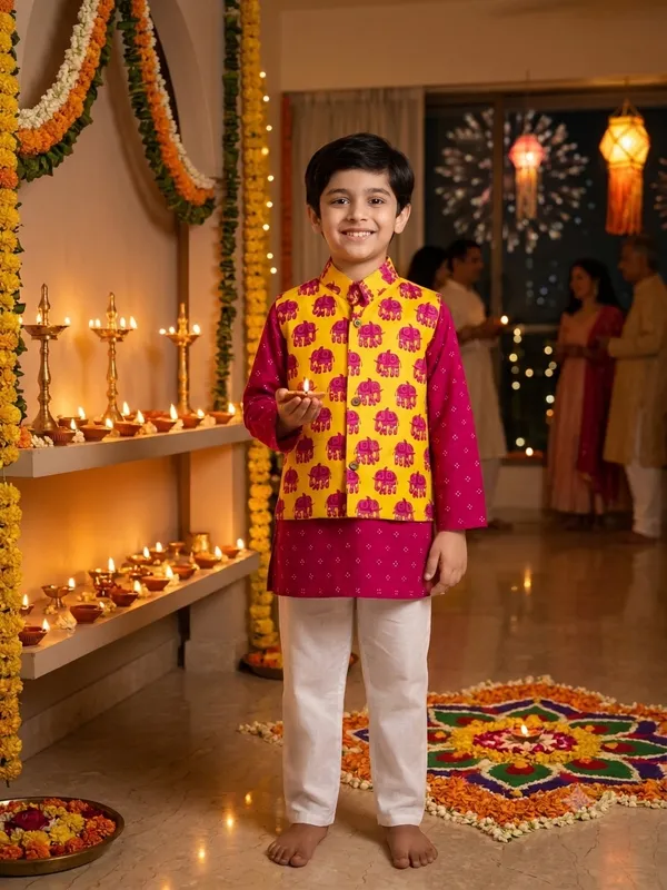 Boys_3-Piece_Festive_Pink__and_Yellow_Elephant_Print_Nehru_Jacket_Kurta_Pajama