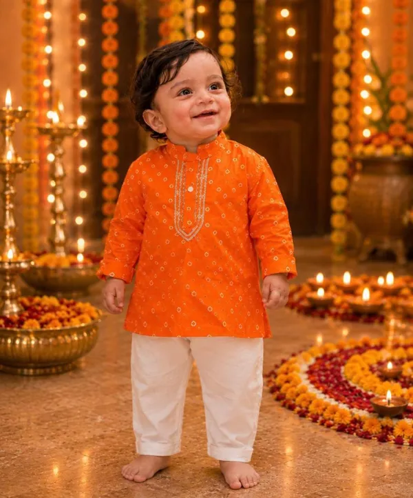 Orange_Cambric_Cotton_Bandhni_Printed_Kurta_Pajama_Set_For_Boys
