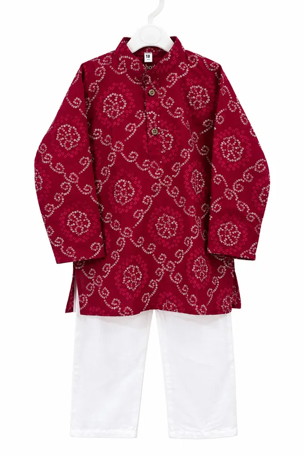 Maroon_Cambric_Cotton_Bandhni_Printed_Kurta_Set_For_Boys