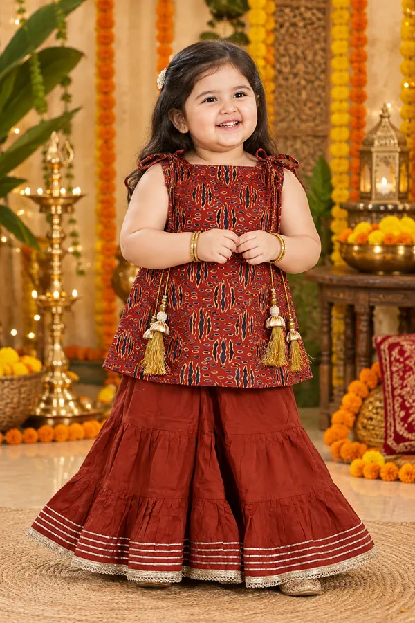 Brick_Red_Brown_Cotton_Printed_Flared_Sharara_Set_For_Girls