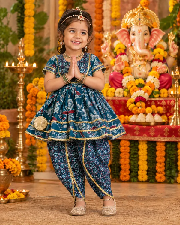 Dark_Blue_Cambric_Cotton_Printed_Ethnic_Frock_Dhoti_Set_For_Girls