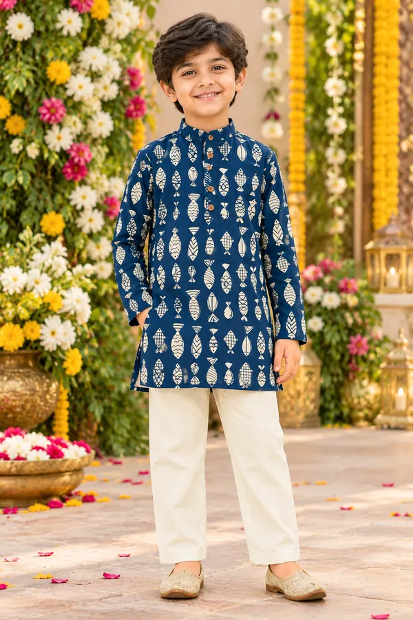 Blue_Fish_Motif_Kurta_Set_For_Boys