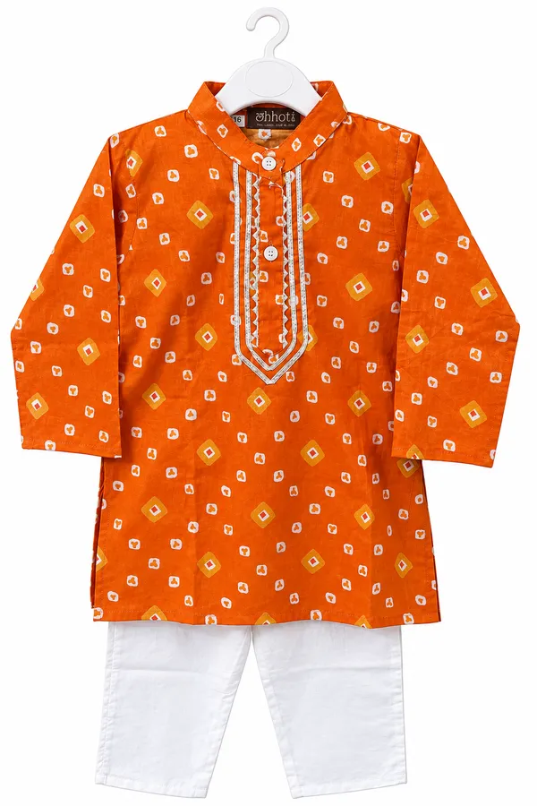 Orange_Cambric_Cotton_Bandhni_Printed_Kurta_Pajama_Set_For_Boys