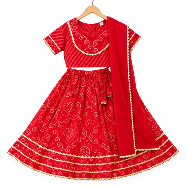 Red_Cambric_Cotton_Bandhni_Printed_Lehenga_Choli_Set_For_Girls