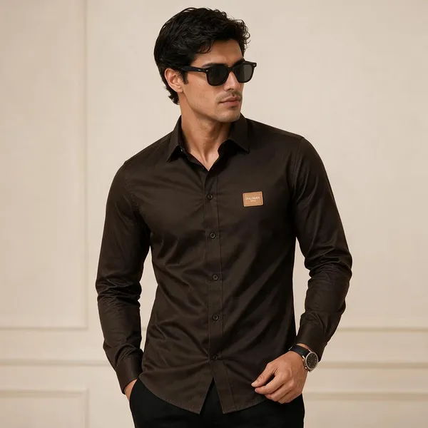 Balmain_Paris_Front_Metal_Logo_And_Leather_Patch_Dark_Brown_Shirt_Big_Size