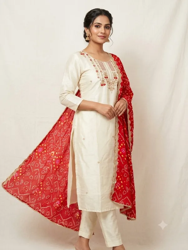 Ivory_Embroidered_Kurta_Set_With_Red_Dupatta_for_Women