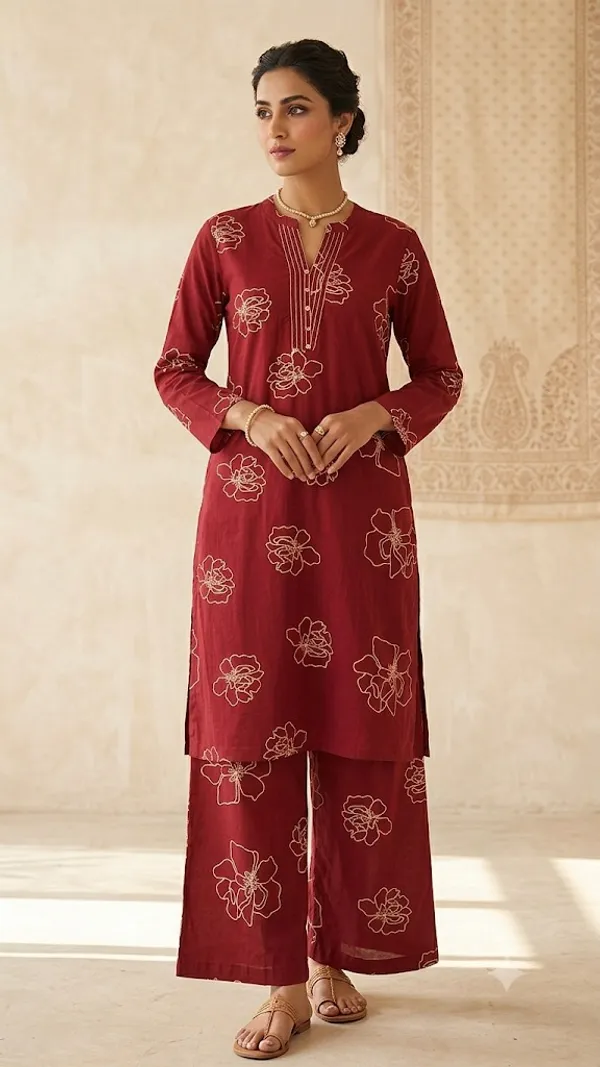 Maroon_Floral_Print_Kurta_Set_For_Women