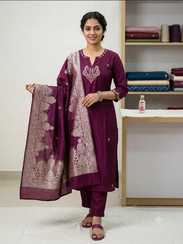 Wine_Embroidered_Straight_Kurta_Set_for_Women