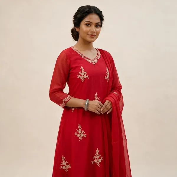 Red_Chinon_Silk_Anarkali_Embroidered_Kurta_Set_For_Women