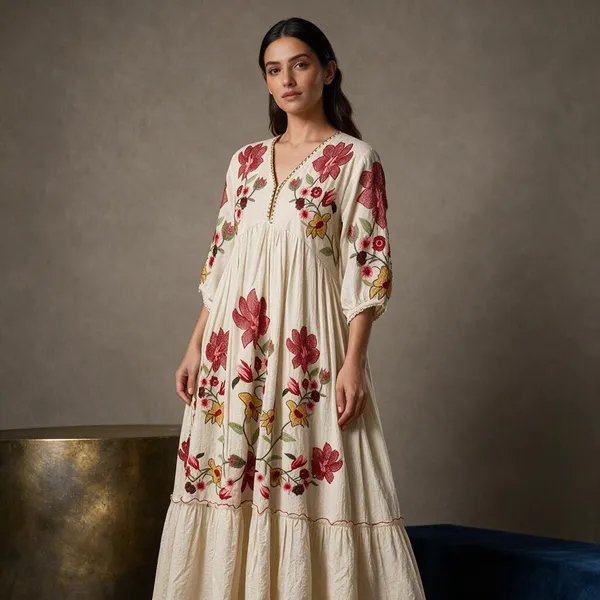 Cream_Pure_Cotton_Floral_Gathered_Dress_For_Women
