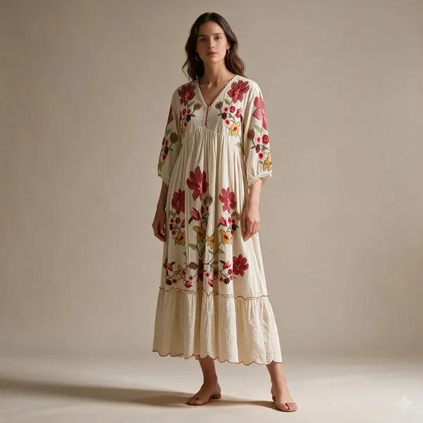 Cream_Pure_Cotton_Floral_Gathered_Dress_For_Women