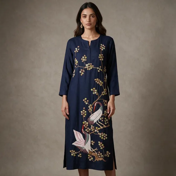 Navy_Pure_Cotton_Embroidered_Straight_Dress_For_Women