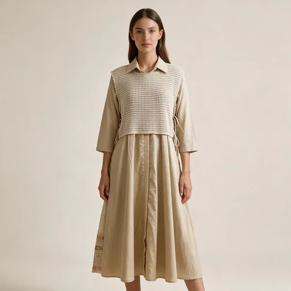 Cream_Cotton_Layered_Top_And_Skirt_Set_For_Women