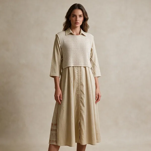 Cream_Cotton_Layered_Top_And_Skirt_Set_For_Women