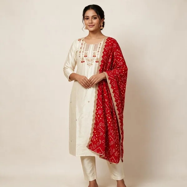 Ivory_Pure_Tissue_Embroidered_Kurta_Set_With_Red_Dupatta_For_Women