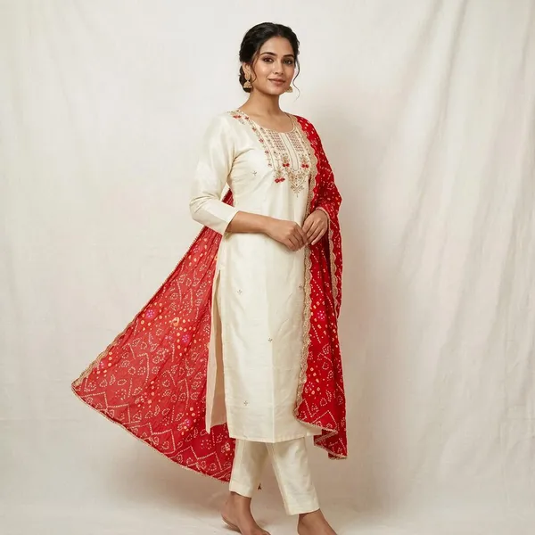 Ivory_Pure_Tissue_Embroidered_Kurta_Set_With_Red_Dupatta_For_Women