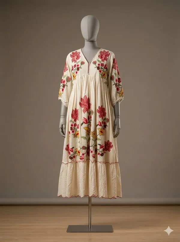 Cream_Floral_Gathered_Dress_for_Women