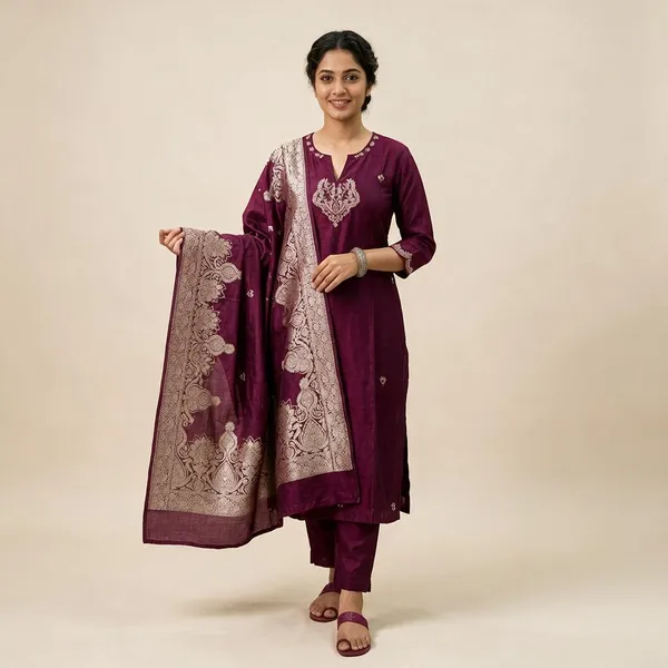 Wine_Russian_Silk_Straight_Embroidered_Kurta_Set_For_Women