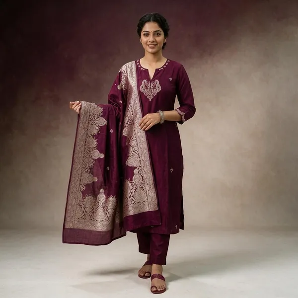 Wine_Russian_Silk_Straight_Embroidered_Kurta_Set_For_Women