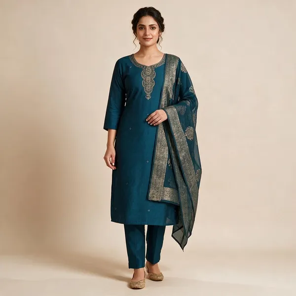 Teal_Russian_Silk_Straight_Embroidered_Kurta_Set_For_Women