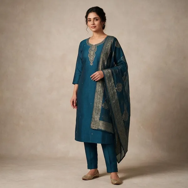 Teal_Russian_Silk_Straight_Embroidered_Kurta_Set_For_Women