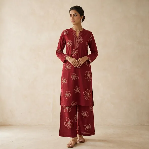 Maroon_Pure_Cotton_Floral_Print_Co_Ord_Set_For_Women
