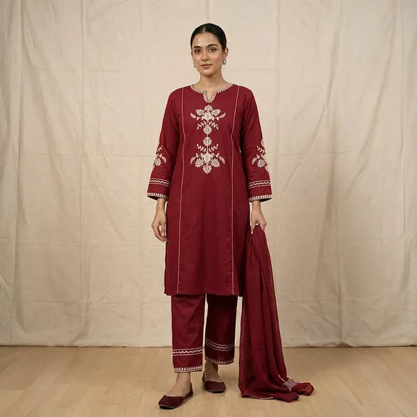 Red_Pure_Cotton_Straight_Embroidered_Kurta_Set_For_Women