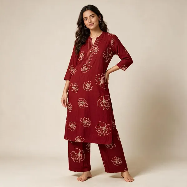 Red_Pure_Cotton_Floral_Print_Night_Suit_Set_For_Women