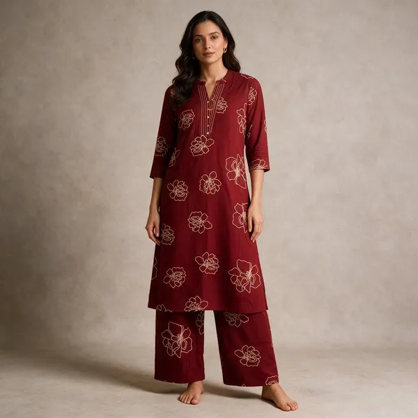 Red_Pure_Cotton_Floral_Print_Night_Suit_Set_For_Women