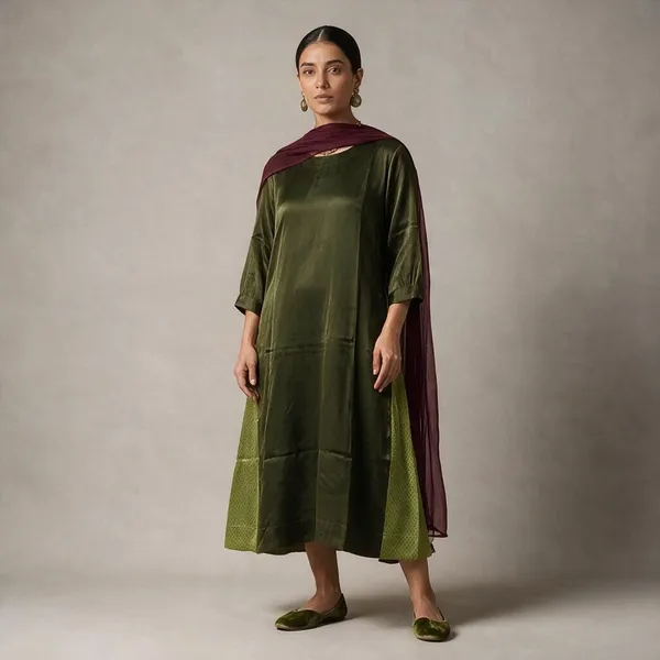 Olive_Green_Gajji_Silk_Straight_Kurta_For_Women