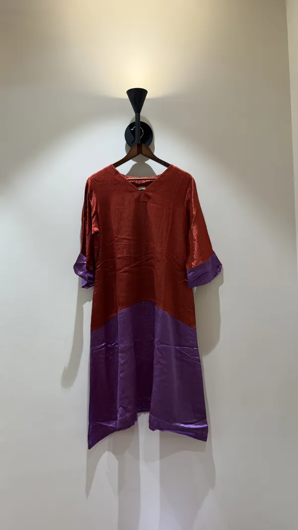 Rust_Purple_Gajji_Silk_Colorblock_Kurta_For_Women