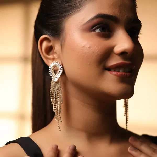 Cz_Rhinestone_Long_Tassel_Premium_Statement_Earrings_Gold