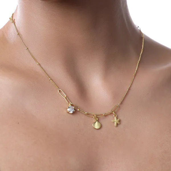 Summer_Sea_Shell_Starfish_And_Stone_Charm_Necklace_Gold