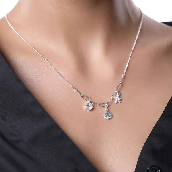 Summer_Sea_Shell_Starfish_And_Stone_Charm_Necklace_Silver