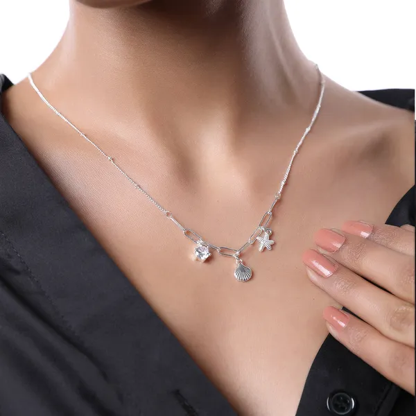 Summer_Sea_Shell_Starfish_And_Stone_Charm_Necklace_Silver