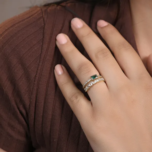 Double_Layer_Irregular_Emerald_Gemstone_Zircon_Adjustable_Ring_Default_Title