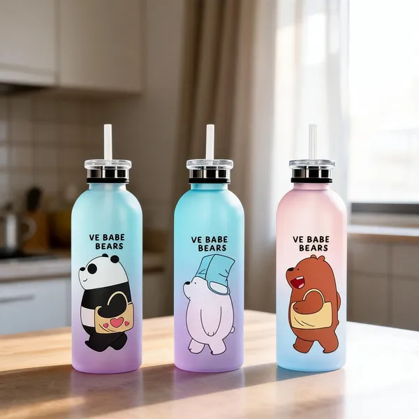 Pastel_Cartoon_Bear_Print_Plastic_Straw_Water_Bottle_Pack_Of_3