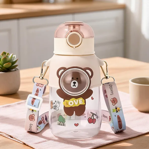 Bear_Print_Transparent_Plastic_Water_Bottle_With_Sling_Strap_For_Kids
