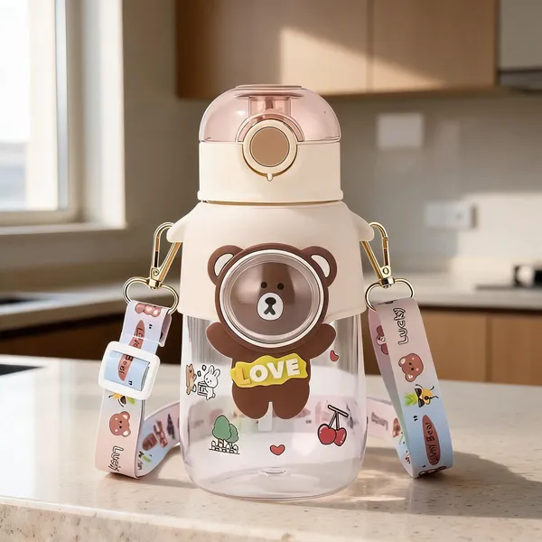 Bear_Print_Transparent_Plastic_Water_Bottle_With_Sling_Strap_For_Kids