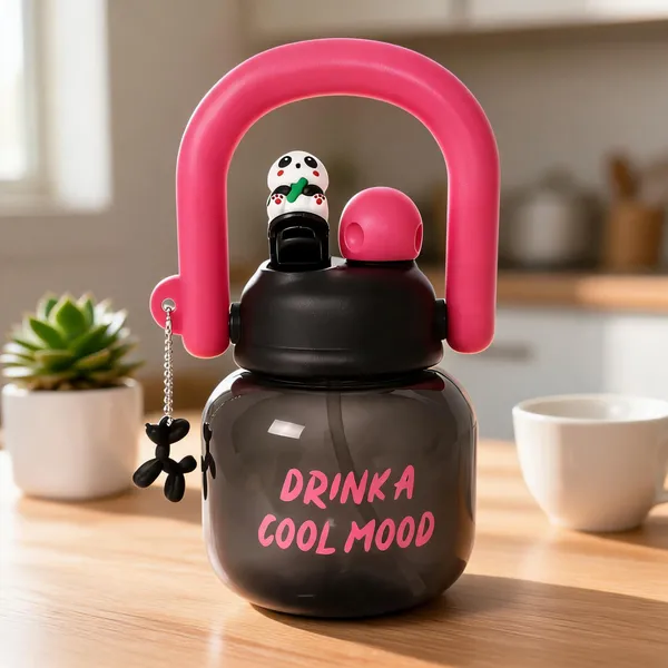 Panda_Print_Plastic_Water_Bottle_With_Top_Handle_And_Charm