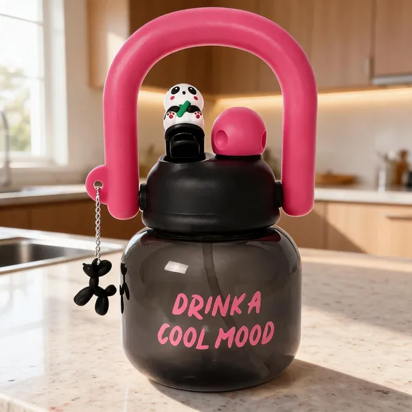 Panda_Print_Plastic_Water_Bottle_With_Top_Handle_And_Charm