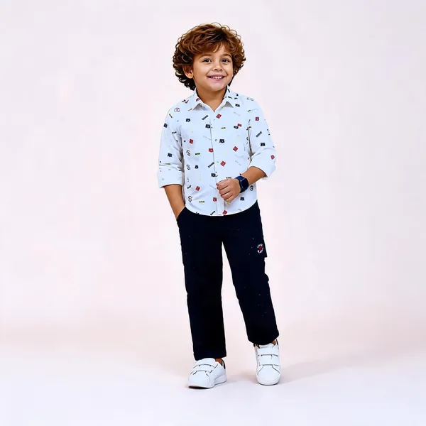 White_And_Navy_Blue_Cotton_Printed_Shirt_And_Trousers_Set_For_Boys