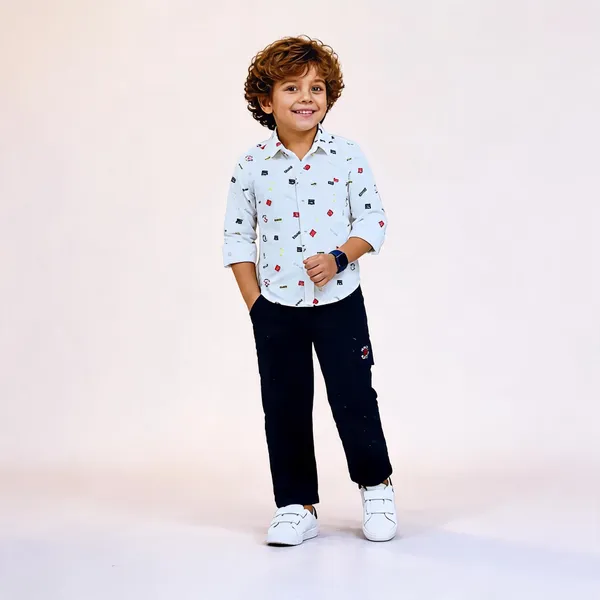 White_And_Navy_Blue_Cotton_Printed_Shirt_And_Trousers_Set_For_Boys