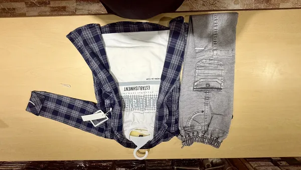 Blue_Plaid_Shirt_And_Grey_Cargo_Pants_Set_For_Boys